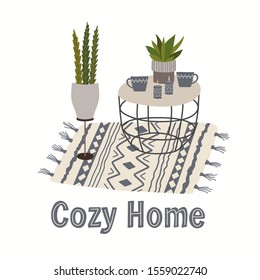 Hand drawn elements of home interior: coffee table, cups, plant in pot on carpet. Isolated vector indoor cliparts. Cozy beige colors flat illustration in Scandinavian style.