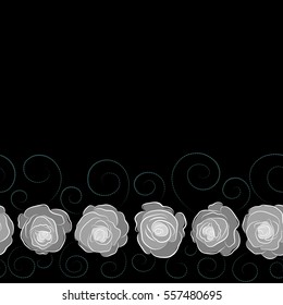 Hand drawn elements. Horizontal roses in gray and blue colors. Seamless background pattern with copy space (place for your text). Vector illustration.