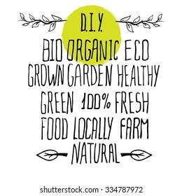 Hand drawn elements kit to create your own healthy food, fresh product, farm grown and many other logos. Words and pictograms, green circle background with rough border. Upper case words.