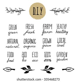 Hand drawn elements kit to create your own healthy food, fresh product, farm grown and many other logos. Words and pictogram, circle background with rough border.