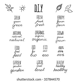 Hand drawn elements kit to create your own healthy food, fresh product, farm grown and many other logos. Words and pictograms, black on white. Upper and low case letters in the constructor.