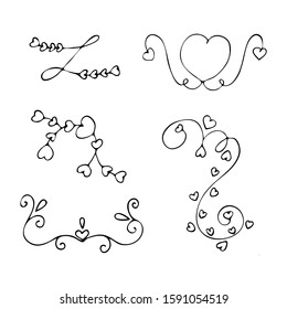 Hand drawn elements for love, weddings, valentines day design and other. Isolated vector illustration.