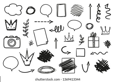 Hand drawn elements on isolated white background. Simple sketched signs. Line art. Set of different shapes. Abstract indicators. Black and white illustration. Doodles for artwork
