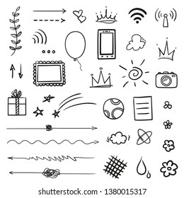 Hand drawn elements on isolated white background. Simple sketched signs. Line art. Set of different shapes. Black and white illustration