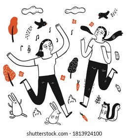 Hand drawn elements Pretty woman and friend are happy, Vector Illustration