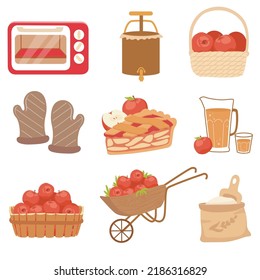 Hand Drawn Elements Of Red Apple Fruit Harvest With Apple In Rattan Basket, Apple Pie, Apple Juice, Cider Fall Season 