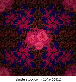 Hand drawn elements. Roses in black, red and blue colors. Vector illustration. Seamless background pattern.