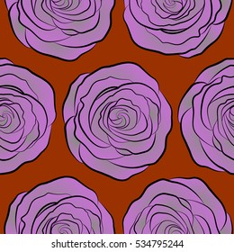 Hand drawn elements. Roses in gray, violet and brown colors. Seamless background pattern. Vector illustration.