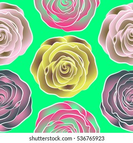 Hand drawn elements. Roses in green, brown and pink colors. Seamless background pattern. Vector illustration.