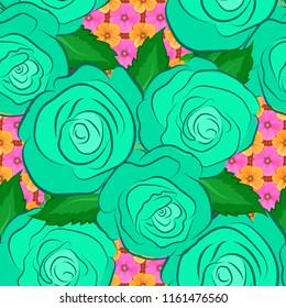 Hand drawn elements. Seamless background pattern. Roses in green, blue and pink colors. Vector illustration.