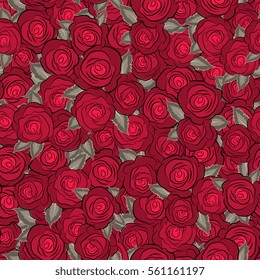 Hand drawn elements. Seamless background pattern. Vector illustration. Roses in red colors.