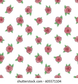 Hand drawn elements. Seamless background pattern. Vector illustration. Roses pink on a white.