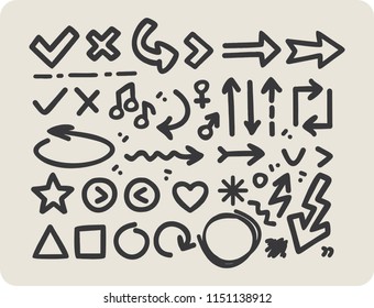 Hand drawn elements set. Business doodle. Hand drawn sketch. Signs isolated on white background: arrow, star, heart, points, circles, notes, square, triangle, music. Vector illustration. 