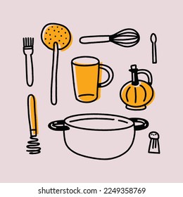 hand drawn elements set of kitchen utensils for making bread. illustration of kitchen utensils for making bread in hand drawn technique
 