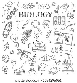 Hand drawn elements set on theme of biology: plants, microscope, equipment and devices. Biology symbols in doodle style for cover design, notebook, textbook, notepads. School poster for Biology lesson