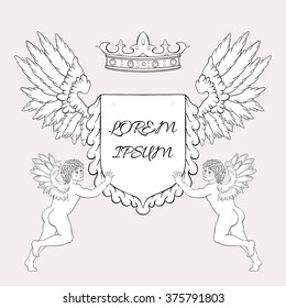 Hand drawn elements for shield with wings, angels and crown. Copy space for your text. Vector illustration.