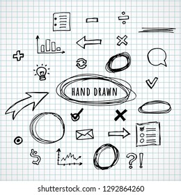 Hand drawn elements sketch line vector set. Business Doodle. Arrows, circles and signs isolated on white background. Vector illustration