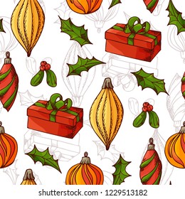 Hand drawn elements in sketch style. Seamless pattern for Christmas design. Vector illustration.