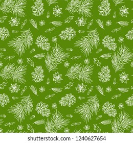 Hand drawn elements in sketch style. Seamless pattern for Christmas design. Vector illustration.