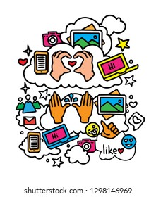 Hand drawn elements of social network symbols. Internet icons. Vector internet elements.
