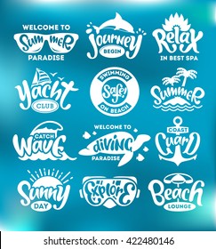 Hand drawn elements for Summer typography. Season calligraphic designs with sun glasses, dolphin, lotus flower, tropical island, swim ring, yachting, surfing, diving and beach umbrella as labels.