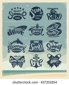 Hand drawn elements of Summer typography. Holiday Labels with sun, palm, dolphin, surf board, airplane, sand castle, butterfly, anchor, tropical island, quad bike and fins on vintage background.