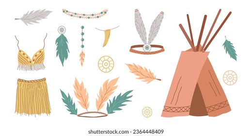 Hand drawn elements, tribal jewelry and feathers. Hats, clothing and housing of a wild tribe. Poster design, flyer. Vector illustration.