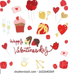 Hand drawn elements of Valentine`s Day. Vector illustration.