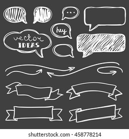 Hand drawn elements for your design: bubbles, ribbon banners, arrows, isolated on black vector illustration