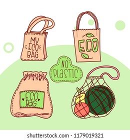 Hand drawn elements of zero waste life in vector. Eco style. No plastic. Go green