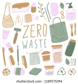 Hand drawn elements of zero waste life in vector. Eco style. No plastic. 
