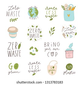 Hand drawn elements of zero waste life in vector. No plastic. Go green