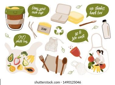 Hand drawn elements of zero waste life in vector. Eco style. No plastic. Go green