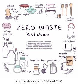 Hand drawn elements of zero waste kitchen life in vector. Eco style. No plastic. Go green. ector background with space for your text.