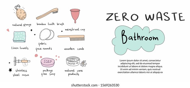 Hand drawn elements of zero waste bathroom in vector. Eco style. No plastic. Horizontal banner Vector background with space for your text. Vector isolated elements on the white background.