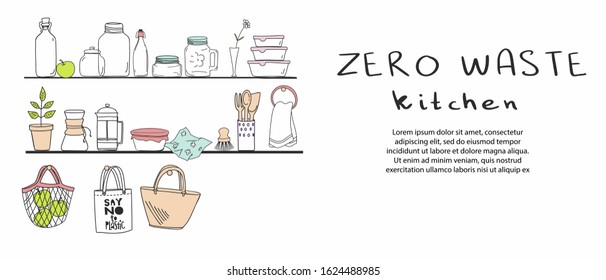 Hand drawn elements of zero waste kitchen in vector. Eco style. No plastic. Horizontal banner Vector background with space for your text. Vector isolated elements on the white background.