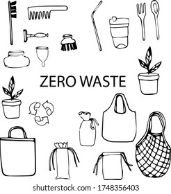 Hand drawn elements of zero waste life in vector eco style reduce illustration recycle organic ecology shopping