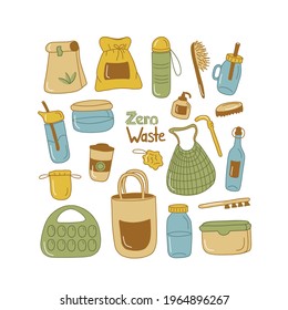 Hand drawn elements of zero waste life in vector. Eco style. No plastic. Go green