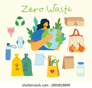 Hand drawn elements of zero waste life in vector. Eco style. No plastic. Go green