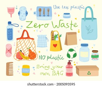 Hand drawn elements of zero waste life in vector. Eco style. No plastic. Go green in the flat style