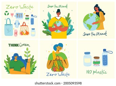 Hand drawn elements of zero waste life in vector. Eco style. No plastic. Go green in the flat style