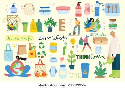 Hand drawn elements of zero waste life in vector. Eco style. No plastic. Go green in the flat style