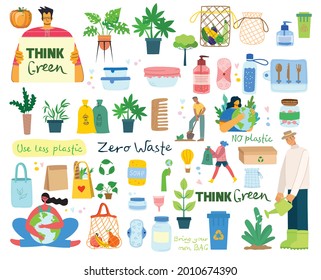 Hand drawn elements of zero waste life in vector. Eco style. No plastic. Go green in the flat style