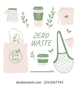 Hand drawn elements of zero waste life in vector. Eco style. No plastic. Go green