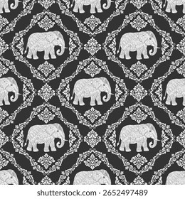 Hand drawn an Elephant abstract floral embroidery Thai traditional pattern vector illustration design.