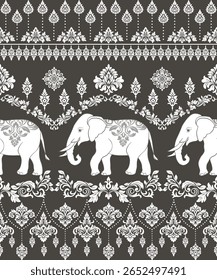 Hand drawn an Elephant abstract floral embroidery Thai traditional pattern vector illustration design.