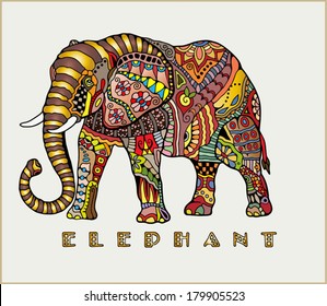 Hand drawn elephant with elements of a flower ornament, colorful patterned design, vector sketch illustration