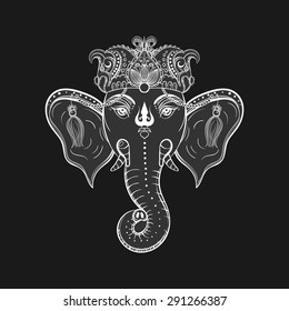 Hand drawn Elephant Head. Indian god Lord hindu deity Ganesha. Ganapati Vinayaka vector illustration for ritaual tattoo.