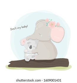 Hand Drawn Elephant Huging Sad Koala.