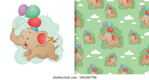 Hand drawn of elephant and mouse is flying the colorful balloons on his trunk in the seamless pattern of illustration
